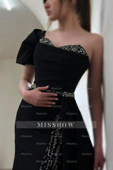 Gorgeous Column Satin One Shoulder Sleeveless Prom Evening Dresses With Sequined Split