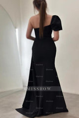 Gorgeous Column Satin One Shoulder Sleeveless Prom Evening Dresses With Sequined Split