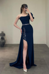 Gorgeous Column Satin One Shoulder Sleeveless Prom Evening Dresses With Sequined Split