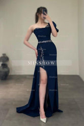 Gorgeous Column Satin One Shoulder Sleeveless Prom Evening Dresses With Sequined Split
