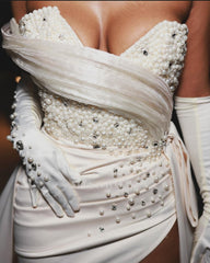 Gorgeous Column Satin One Shoulder Sleeveless White Wedding Dress With Beading Split Train