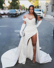 Gorgeous Column Satin One Shoulder Sleeveless White Wedding Dress With Beading Split Train