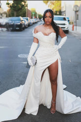 Gorgeous Column Satin One Shoulder Sleeveless White Wedding Dress With Beading Split Train