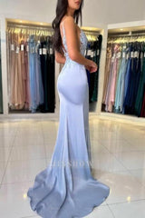 Gorgeous Column Satin Spaghetti Straps Sleeveless Prom Evening Dresses With Appliques Split
