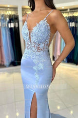 Gorgeous Column Satin Spaghetti Straps Sleeveless Prom Evening Dresses With Appliques Split