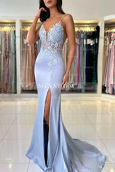 Gorgeous Column Satin Spaghetti Straps Sleeveless Prom Evening Dresses With Appliques Split