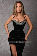 Gorgeous Column Satin Sweetheart Sleeveless Black Prom Evening Dresses With Split Front