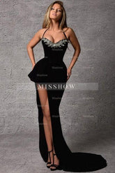 Gorgeous Column Satin Sweetheart Sleeveless Black Prom Evening Dresses With Split Front