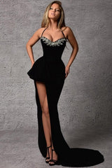 Gorgeous Column Satin Sweetheart Sleeveless Black Prom Evening Dresses With Split Front