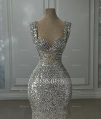 Gorgeous Column Sequined Off-The-Shoulder Sleeveless Silver Prom Dress With Sequined