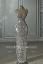 Gorgeous Column Sequined Off-The-Shoulder Sleeveless Silver Prom Dress With Sequined
