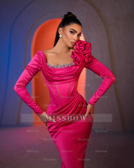 Gorgeous Column Square Long Sleeve Rhinestone Satin Prom Dresses
