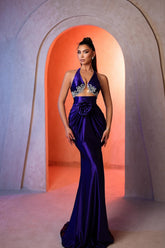 Gorgeous Column V-neck Sleeveless Appliques Satin Prom Dress