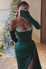 Gorgeous Dark Green Sweetheart Mermaid Beaded Split Front Ruffle Evening Dresses With Rhinestone