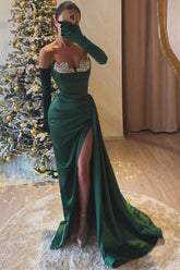 Gorgeous Dark Green Sweetheart Mermaid Beaded Split Front Ruffle Evening Dresses With Rhinestone