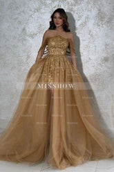 Gorgeous Gold A-Line Strapless Sleeveless Beaded Detachable Panel Train Tulle Prom Dresses With Pearls