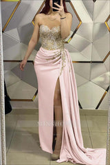 Gorgeous Gold Sweetheart Strapless Sleeveless Pleated Long Split With Beading