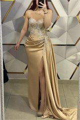 Gorgeous Gold Sweetheart Strapless Sleeveless Pleated Long Split With Beading