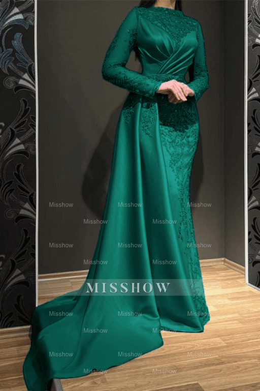 Gorgeous Grey Long Sleeves Jewel Mermaid Stretch Satin Prom Dress with Appliques