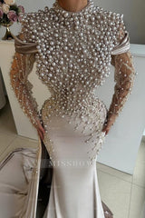 Gorgeous High-Neck Mermaid Silver Beaded Long Sleeves Front Split Long Satin Evening Dresses with Pearls