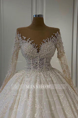 Gorgeous Lace Long Sleeve Beads Ball Gown Wedding Dress