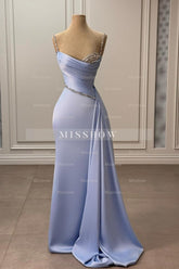 Gorgeous Lavender Mermaid Spaghetti Strap Sleeveless Beaded Panel Train Ruffle Long Satin Evening Dresses With Rhinestones