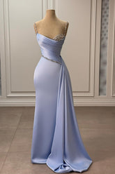 Gorgeous Lavender Mermaid Spaghetti Strap Sleeveless Beaded Panel Train Ruffle Long Satin Evening Dresses With Rhinestones