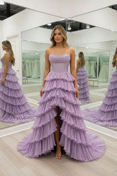 Gorgeous Lavender Purple Tiered Ruffle High-Low Ball Gown with Pleated Corset