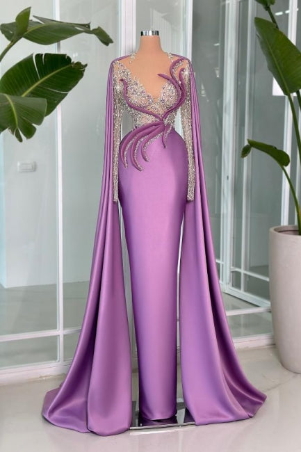 Gorgeous Lilac V-neck Portrait Beading Satin Long Sleeve Lace Evening Prom Evening Dresses With Ruffle