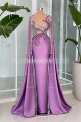 Gorgeous Lilac V-neck Portrait Beading Satin Long Sleeve Lace Evening Prom Evening Dresses With Ruffle