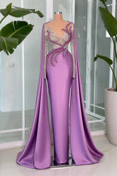 Gorgeous Lilac V-neck Portrait Beading Satin Long Sleeve Lace Evening Prom Evening Dresses With Ruffle