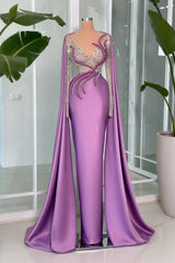 Gorgeous Lilac V-neck Portrait Beading Satin Long Sleeve Lace Evening Prom Evening Dresses With Ruffle