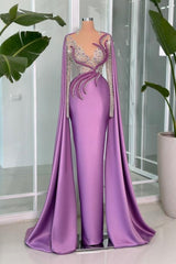 Gorgeous Lilac V-neck Portrait Beading Satin Long Sleeve Lace Evening Prom Evening Dresses With Ruffle