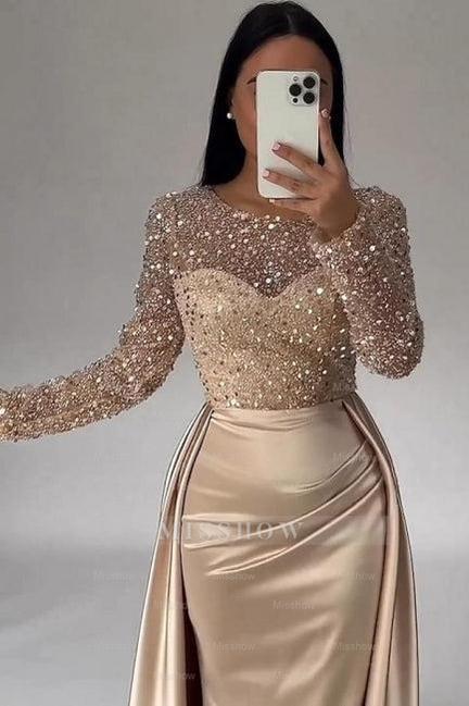 Gorgeous Long A-line Beading Sequined Prom Evening Dresses with Long Sleeves