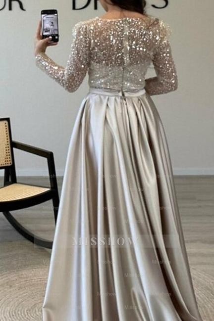 Gorgeous Long A-line Beading Sequined Prom Evening Dresses with Long Sleeves
