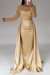 Gorgeous Long A-line Beading Sequined Prom Evening Dresses with Long Sleeves