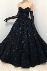 Gorgeous Long Black A-line Sweetheart Lace Laced-up Prom Evening Dresses