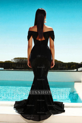 Gorgeous Long Black Mermaid Off-the-shoulder Prom Evening Dresses with Glitter