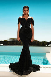 Gorgeous Long Black Mermaid Off-the-shoulder Prom Evening Dresses with Glitter
