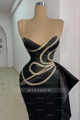 Gorgeous Long Black Mermaid One Shoulder Sleeveless Prom Evening Dresses with Lace