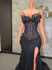 Gorgeous Long Black Mermaid Sleeveless Glitter Corset Prom Dress with Slit