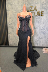 Gorgeous Long Black Mermaid Sleeveless Glitter Corset Prom Dress with Slit