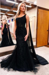 Gorgeous Long Black One Shoulder Mermaid Glitter Prom Evening Dresses With Lace