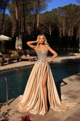 Gorgeous Long Champagne A-line Sleeveless Lace Satin Prom Evening Dresses with Slit