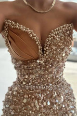 Gorgeous Long Champagne Sequined Beads Sleeveless Prom Dress