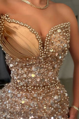 Gorgeous Long Champagne Sequined Beads Sleeveless Prom Dress