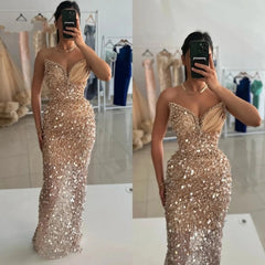 Gorgeous Long Champagne Sequined Beads Sleeveless Prom Dress