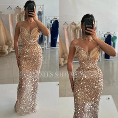 Gorgeous Long Champagne Sequined Beads Sleeveless Prom Dress