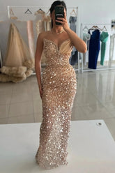 Gorgeous Long Champagne Sequined Beads Sleeveless Prom Dress