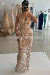 Gorgeous Long Champagne Sequined Beads Sleeveless Prom Dress